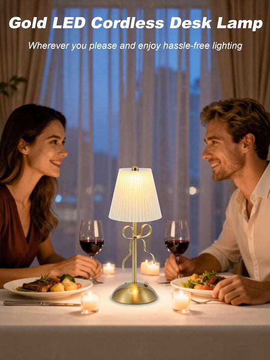 Cordless Table Lamp,Small Gold Bow Night Light,LED Rechargeable Reading Lights,3 Color Stepless Dimmable Touch Control Bedside Lamps,Bedroom Living Room Bar Desk Lamps Home Decor Ambient Lighting