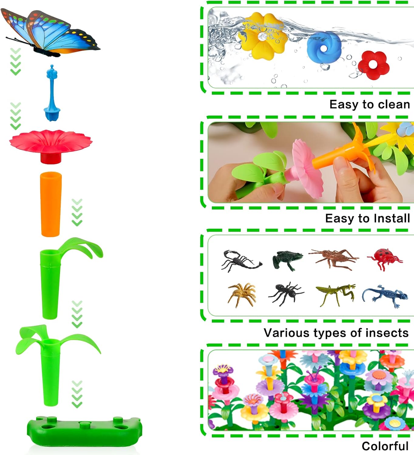 Birthday Toys Gifts for 2 3 4 5 6 Years Old Toddler Girls Boys, 156 PCS Insect Flower Garden Building Educational STEM Pretend Play Gardening Set,Easter Basket Stuffers Gifts for Preschool Kids Age 2+