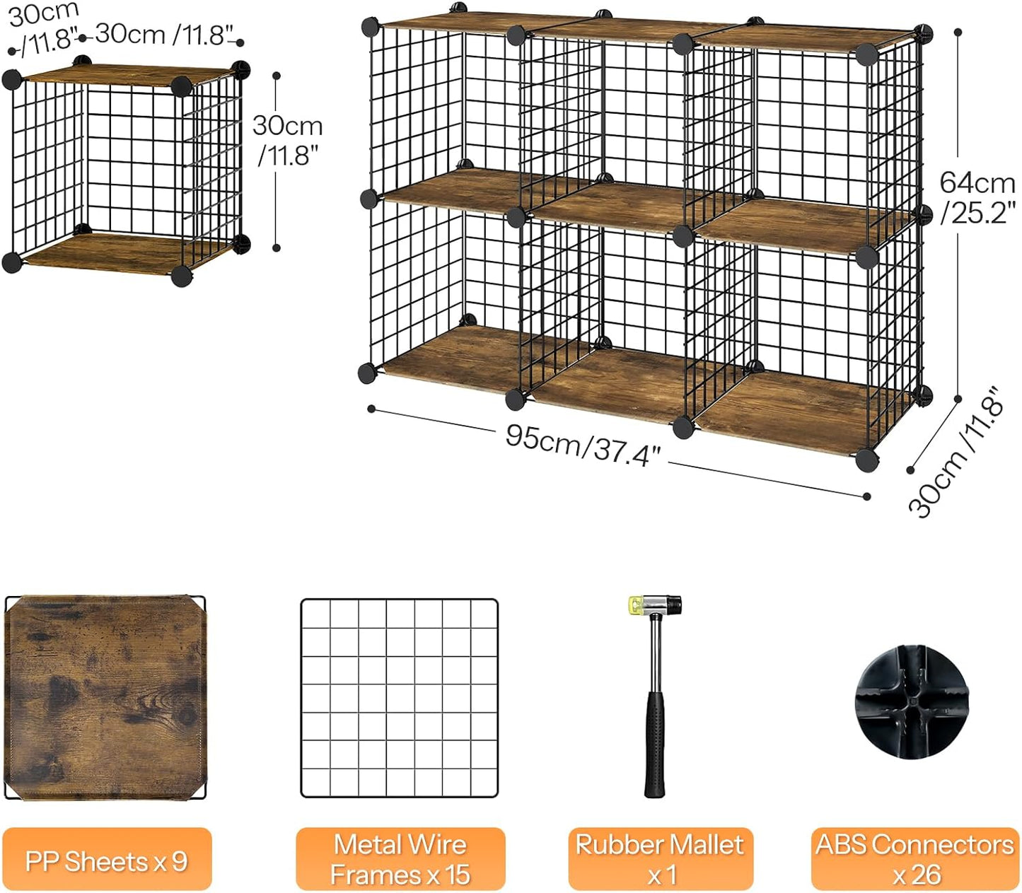 HOOBRO Wire Cube Storage Organizer, 6-Cube Shelves, Modular Shelves with Metal Grid, DIY Closet Cabinet for Living Room, Bedroom, Rustic Brown and Black BF06CW01