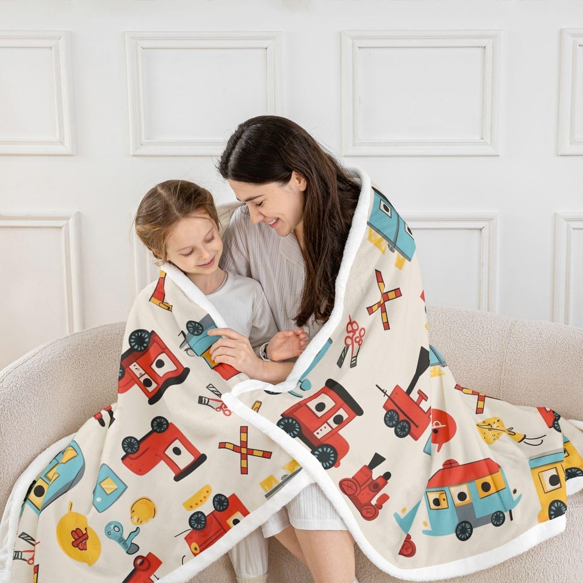 Feelyou Cute Train Car Sherpa Throw Blanket for Couch Cartoon Car Super Soft Cozy Fleece Blanket for Winter, Plush Throw Throw 50"x60" All Season