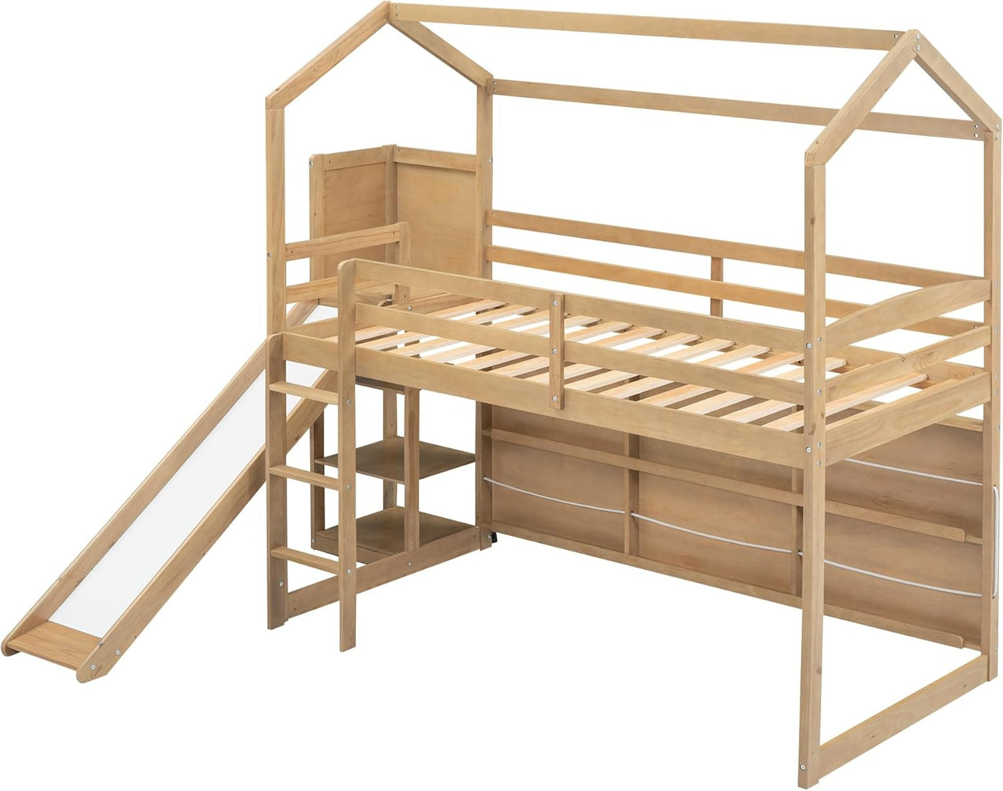 Modern Style 96.1" L Twin Size Wood Frame Loft House-Shape Bed,with Slide, Storage Shelves and Light, Climbing Ramp, Wood Color,1pcs