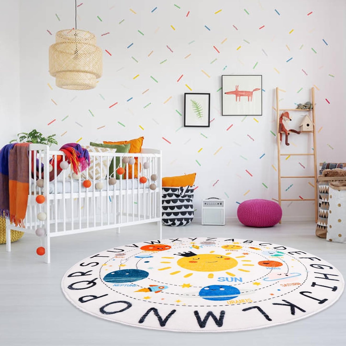 ABC Kids Rug,4 ft Washable Nursery Rug,Soft Plush Educational Circle Rug,Non-Slip Solar System Alphabet Rugs for Classroom playroom Bedroom Kids Room Decor