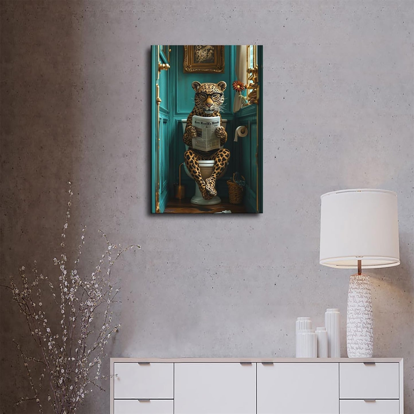 chenmjj Leopard Wearing Glasses and Reading Newspaper in Toilet Print Poster Picture HD Print Poster Retro Painted Modern Home Bedroom Room Aesthetic Decoration Canvas Art (24x36inch Unframed)