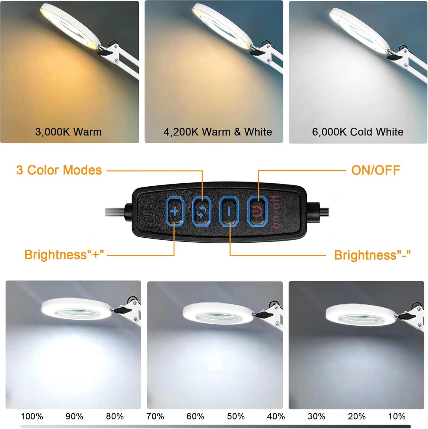 10X Magnifying Glass with Light and Clamp, Real Glass LED Lighted Magnifier, 3 Color Modes 10 Level Dimmable, Magnifying Lamp with Clamp for Reading Craft Hobby Close Work, White