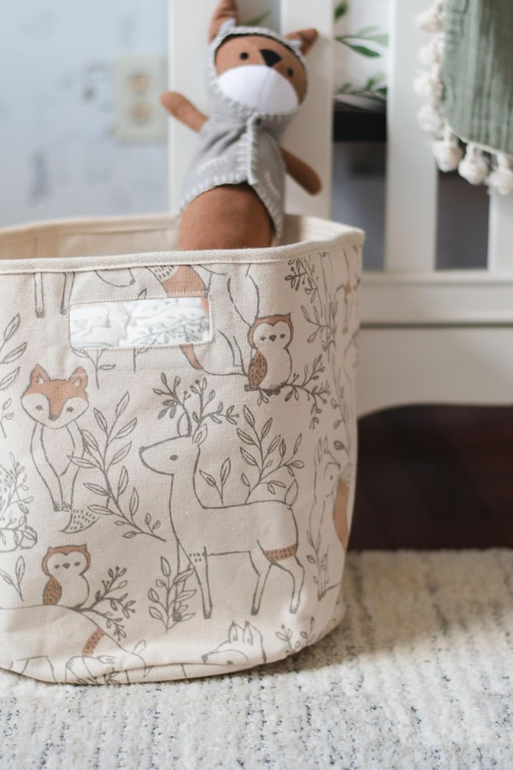 Crane Baby Fabric Round Nursery Storage Basket, Toy Storage, Woodland Nursery Decor, 13"x12", Toy Basket, Baby Storage Organizer, Toy Organizers and Storage Bins, Baby Organizers and Storage, Toy Bins