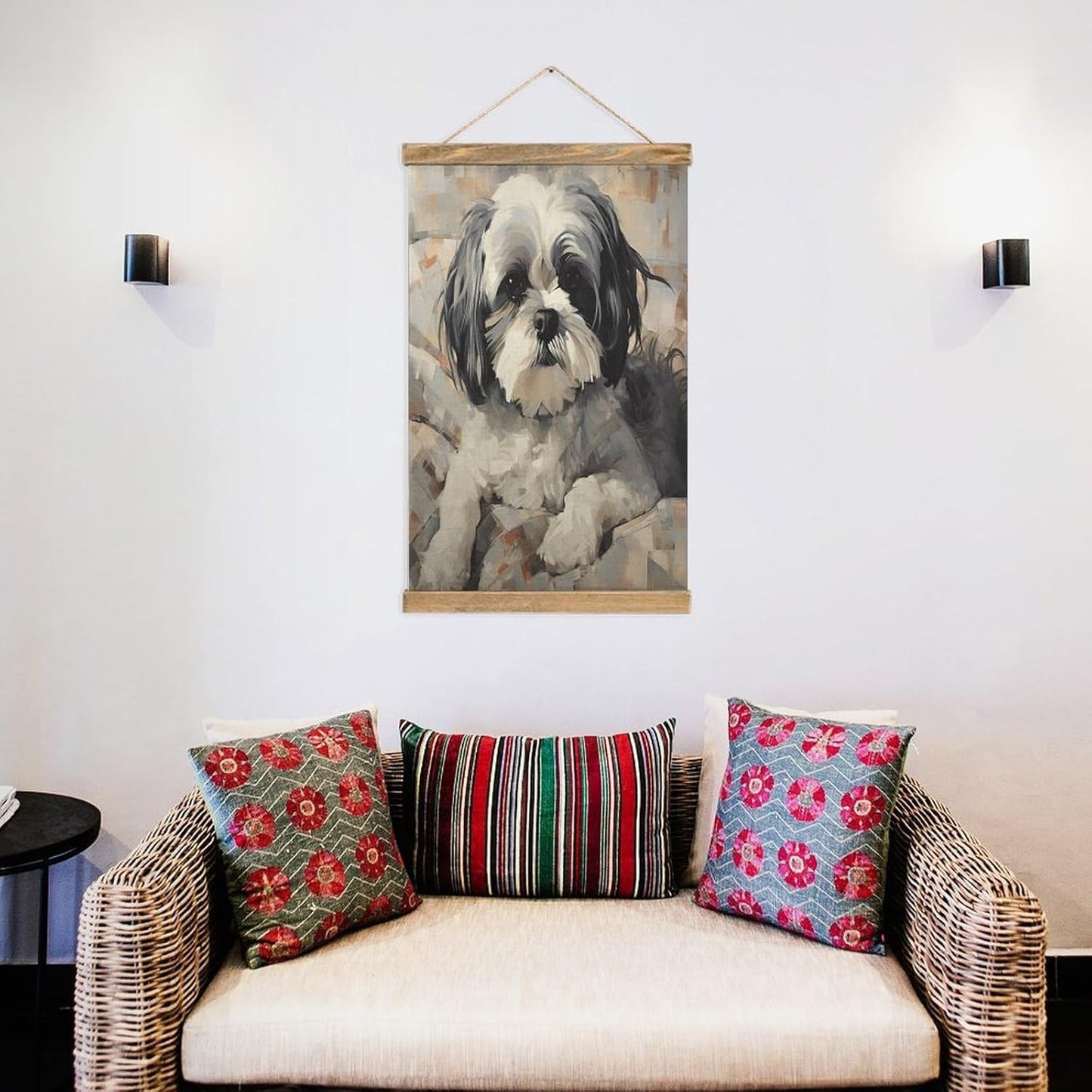 Vintage Shih Tzu Poster with Wooden Frame Personalized Linen Hanging Scroll Painting Rustic Wall Hanging Illustrative Modern Artwork Decor for Home Living Room Bedroom Office