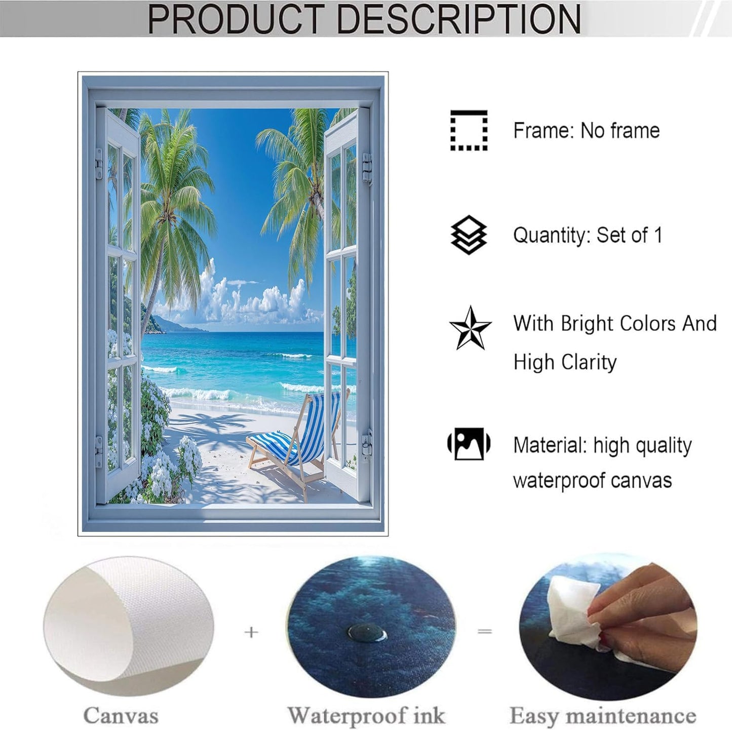 GDJSMIN Realistic White Window Wall Art, Beach View With Palm Trees Poster for Reading Room Living Room Decor 12x 16 inch Unframed