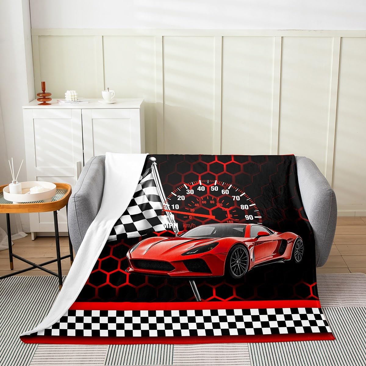 Red Race Car Throw Blanket,Neon Lights Honeycomb Racing Cars Bed Blanket for Girls Men,Black White Grid Flag Extreme Sports Fuzzy Blankets,40 x 50 Inches