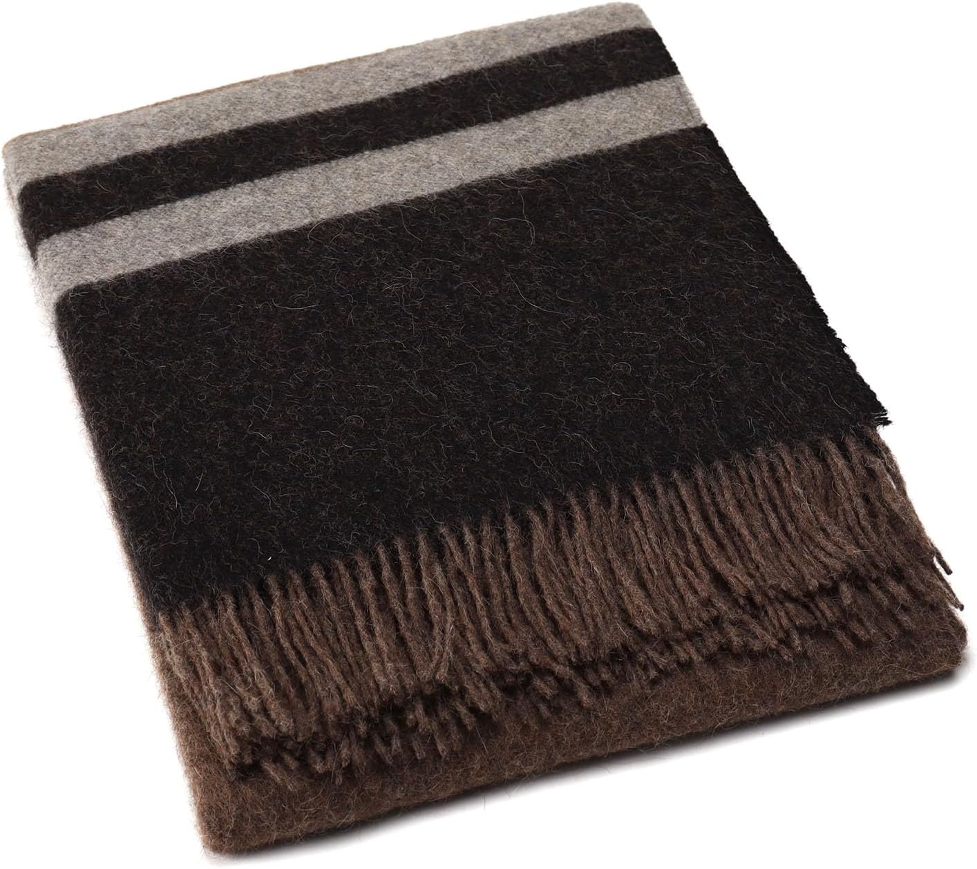 Superfine Alpaca Wool Throw Blanket - Lightweight Alpaca Merino Wool Throw Blankets | Soft Peruvian Alpaca Blanket Wool Blanket Striped Design 63" x 52" (Desert Sand/Espresso/Ash Gray)