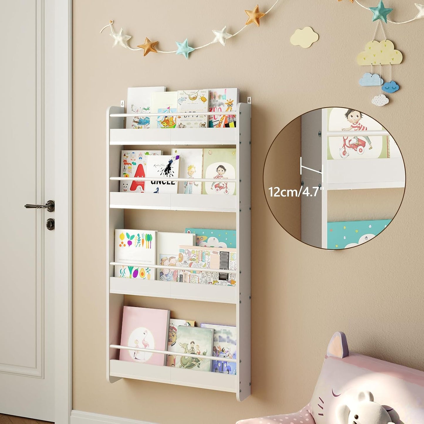 Kids Bookshelf, 4-Tier Wall Mount Bookshelf for Kids, Wooden Nursery Bookshelves, Hanging Book Shelf for Kid Room, Playroom, Bedroom, Living Room, White BKBW7601N1