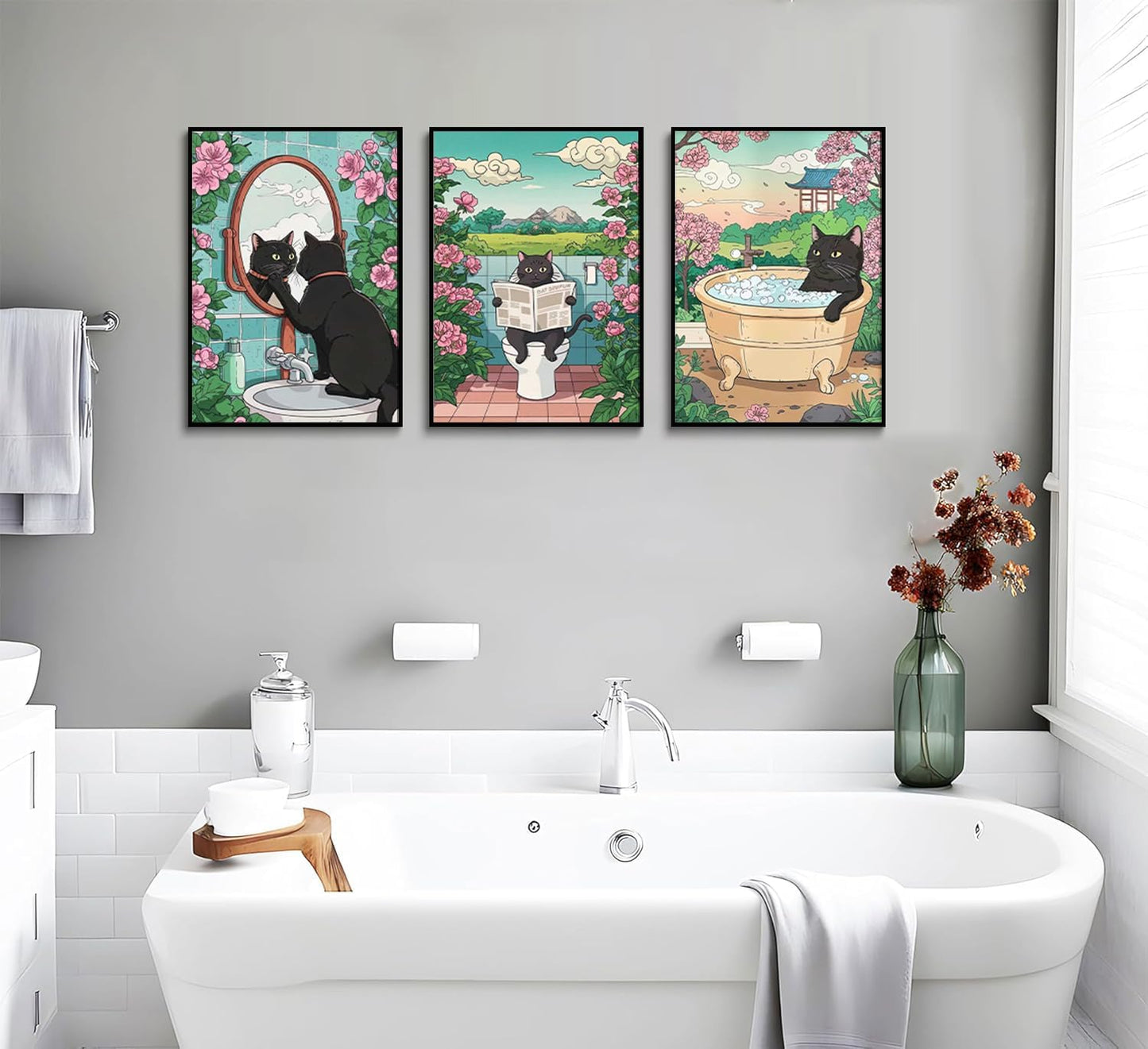 3pcs Funny Bathroom Black Cat Canvas Wall Art Cute Kitten On Toilet Posters Prints Vintage Japanese Cat In A Bathtub And Flowers Pictures Wall Decor for Washroom Bathroom Decoration Unframed