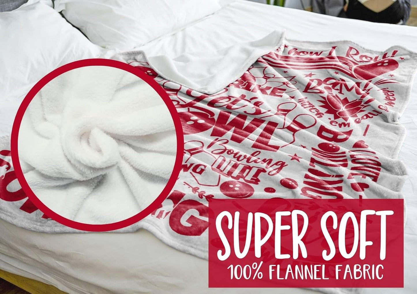 InnoBeta Bowling Throw Blanket - Let's Bowl - Flannel Blankets for Bowling Lovers - Bowling Gifts for Men, Women - 50" x 65" (White)