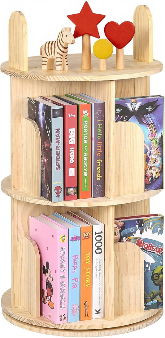 Kryonix Rotating Bookshelf for Kids, Solid Pine Wood Spinning Bookshelf Tower 2 Tier, 360° Revolving Bookcase, Multi-Functiona Corner Round Turning Book Shelf Organizer for Small Spaces