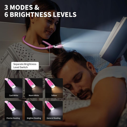 LUXJET Neck Reading Light & Book Light for Reading in Bed - Hands Free, 3 Colors & 6 Brightness Levels, 360° Flexible Arms, 80-Hour Rechargeable - Reading, Knitting, Camping, Repairing