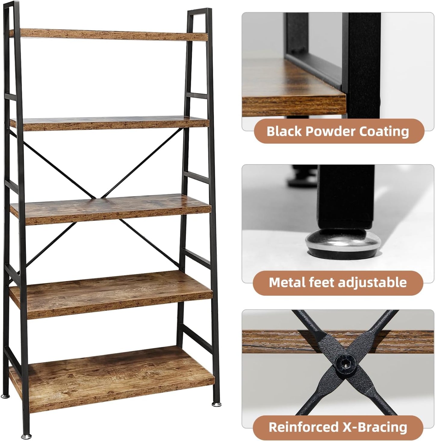 TooCust 5 Tier Ladder Bookshelf, Heavy Duty Rustic Brown Wood and Metal Bookcase with 1.2" Thick Shelves, 63" H x 30" W x 14" D, Industrial Open Storage Shelving for Living Room, Bedroom, Kitchen