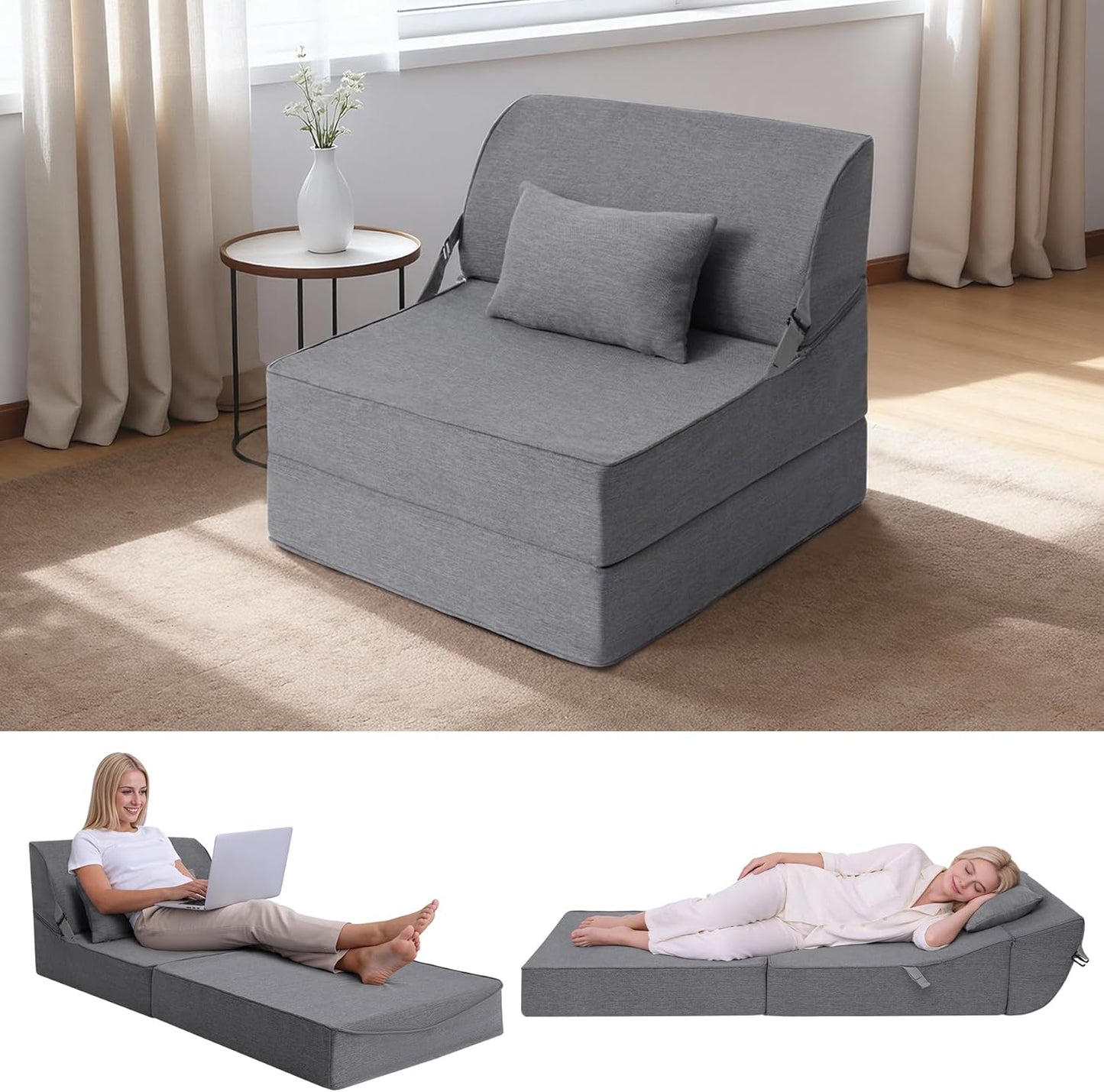BeBen Folding Sofa Bed Chair, Convertible Sleeper Chair Futon Couch, Foldable Boneless Floor Lounger Sofa, Single Foam Chair Bed for Small Spaces, Dorm, Guest Room, Living Room, Apartment, Grey