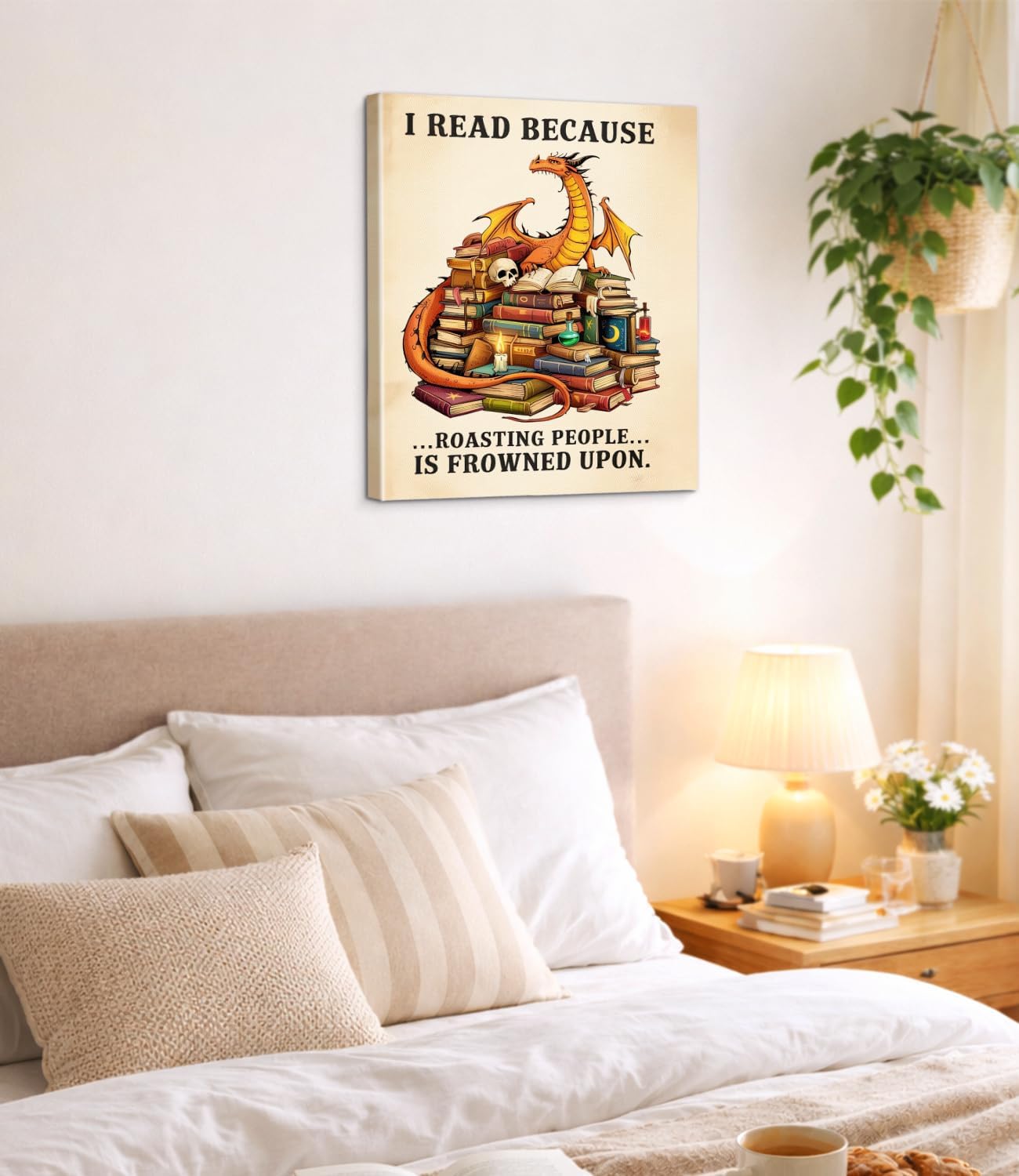 Vintage Bookish Dragon Wall Art Print - Funny Dragon Books Canvas Poster Painting - Book Lover Gifts Wall Decor for Home Reading Nook Library 8x10 Inch Framed