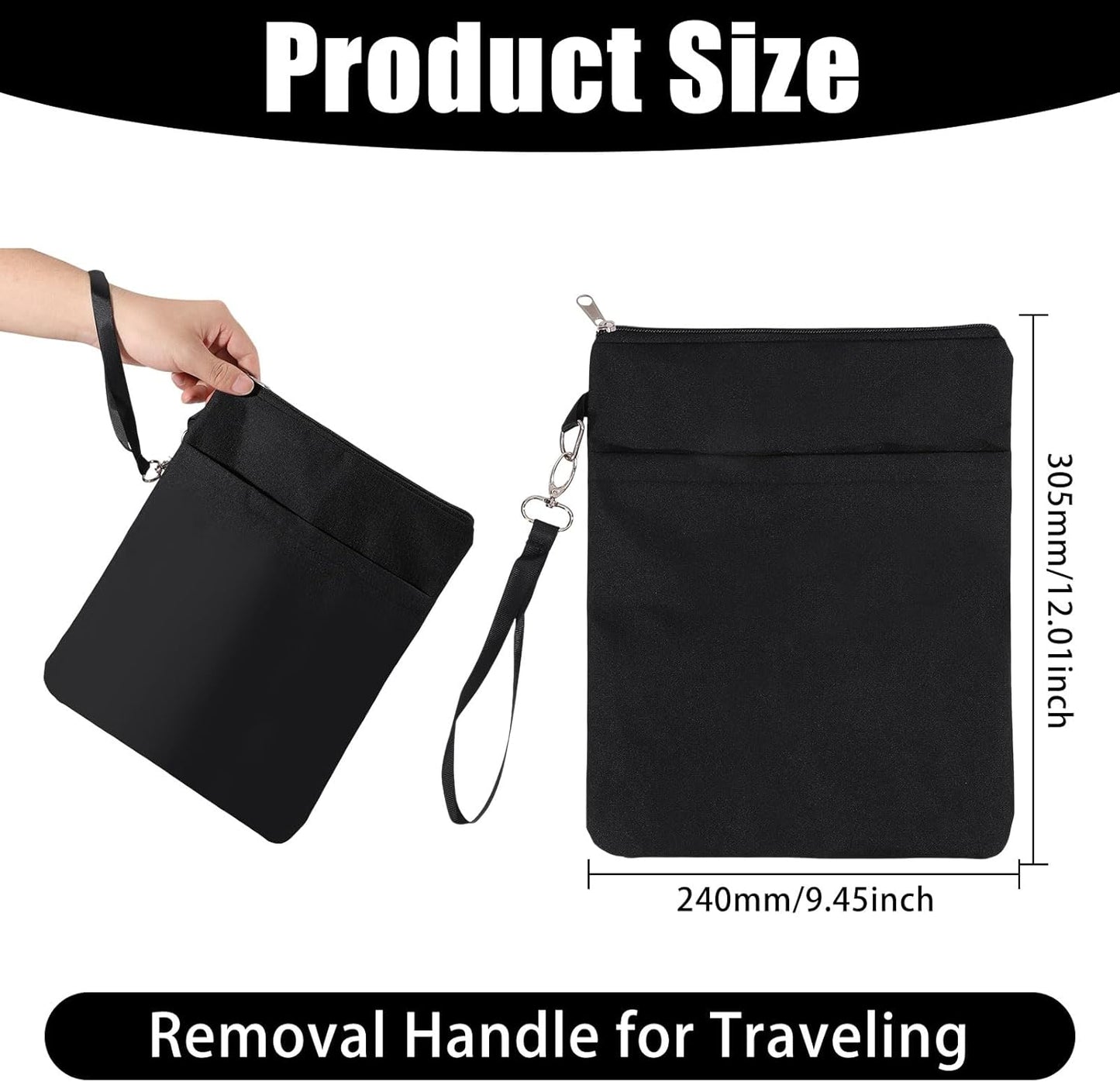 GLOBLELAND Black Waterproof Book Cover Bag with Zipper Hnadle for Book Lovers 12"x9.5" Canvas Paperback Cover Travel Book Pouch Protector with Front Pocket for Paperbacks Hardcover Books Gifts
