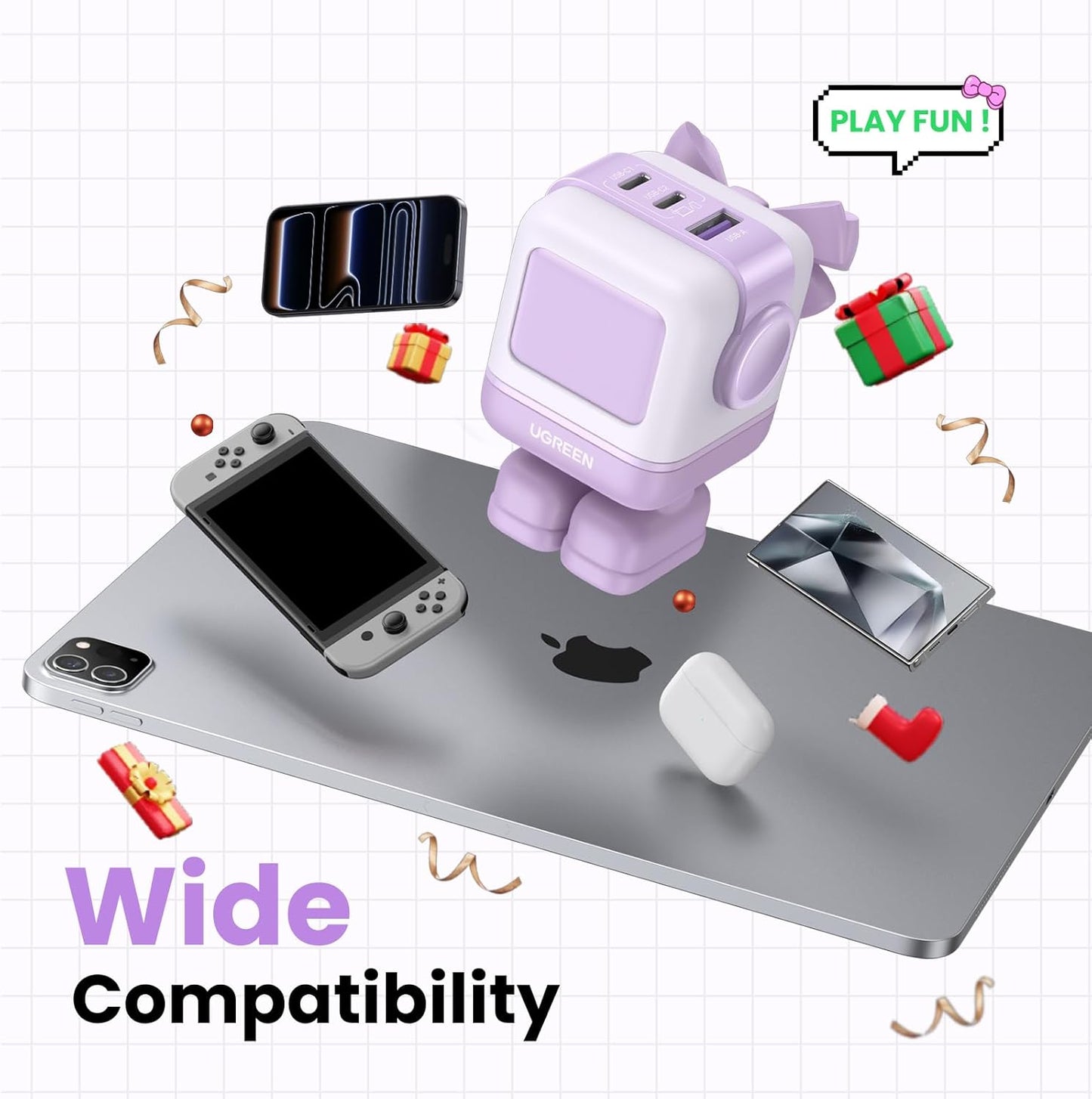 UGREEN Uno 65W USB C Charger Block, 3-Port GaN Fast Charging for iPhone 17, Galaxy S26, Gifts for Women with Bow, for MacBook Pro/Air/Neo, XPS, Galaxy S26/S25, Steam Deck, ROG Ally, Kawaii Purple