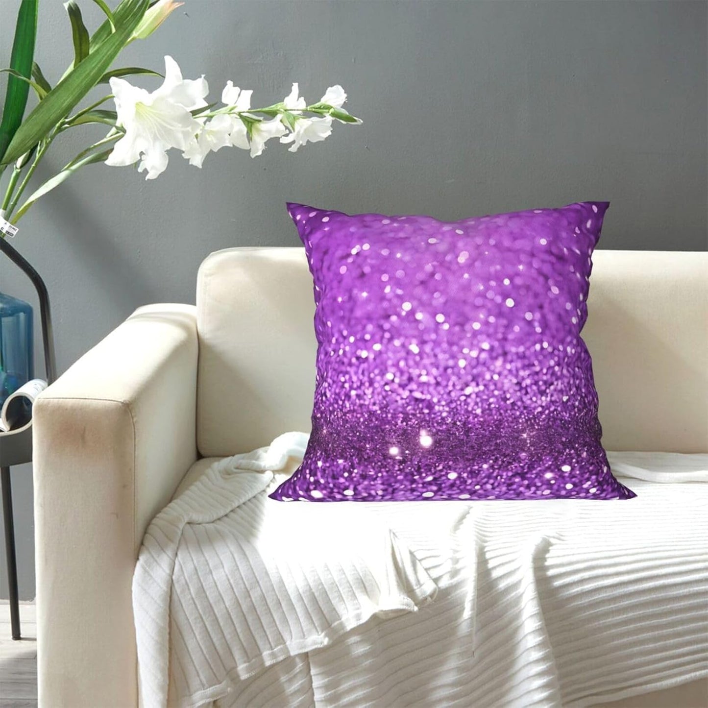 All-Season Square Pillow Covers 18"X18", Sparkling Purple Glitter, Decorative Throw Pillow Covers For Sofa Bed Couch, Hidden Zipper Cushion Cover, Square Lumbar & Accent Pillowcases For Home Decor