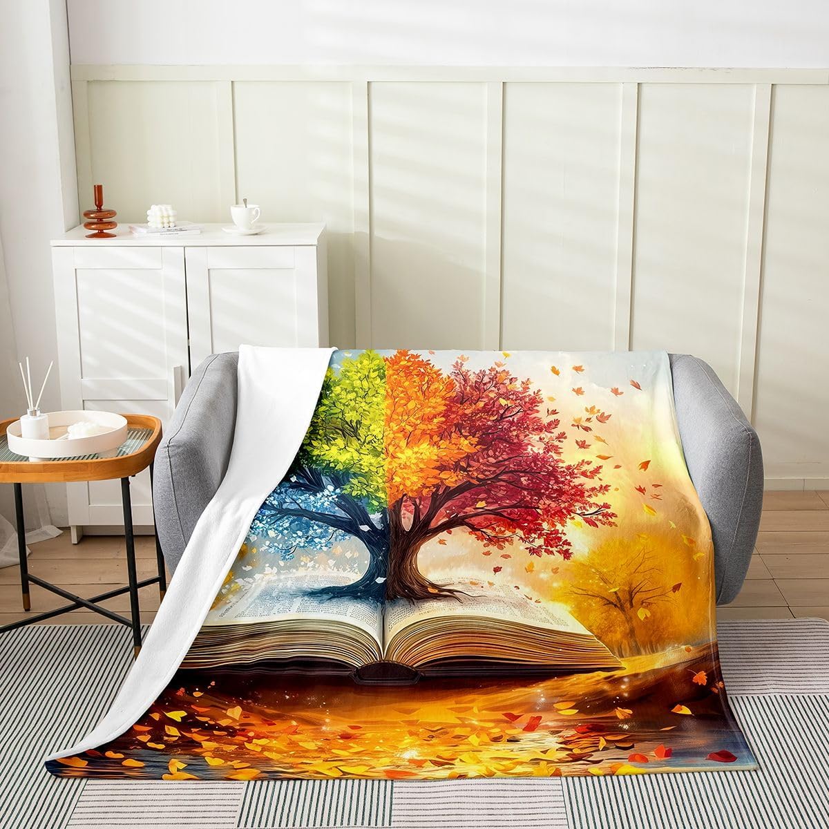 Manfei Life Tree Throw Blanket Lightweight Book Reading Lover Soft Cozy Fluffy for Bed Sofa Couch All Seasons Rustic Style Fall Leaves Bedroom Decor Plush 30"x40"Orange Blue