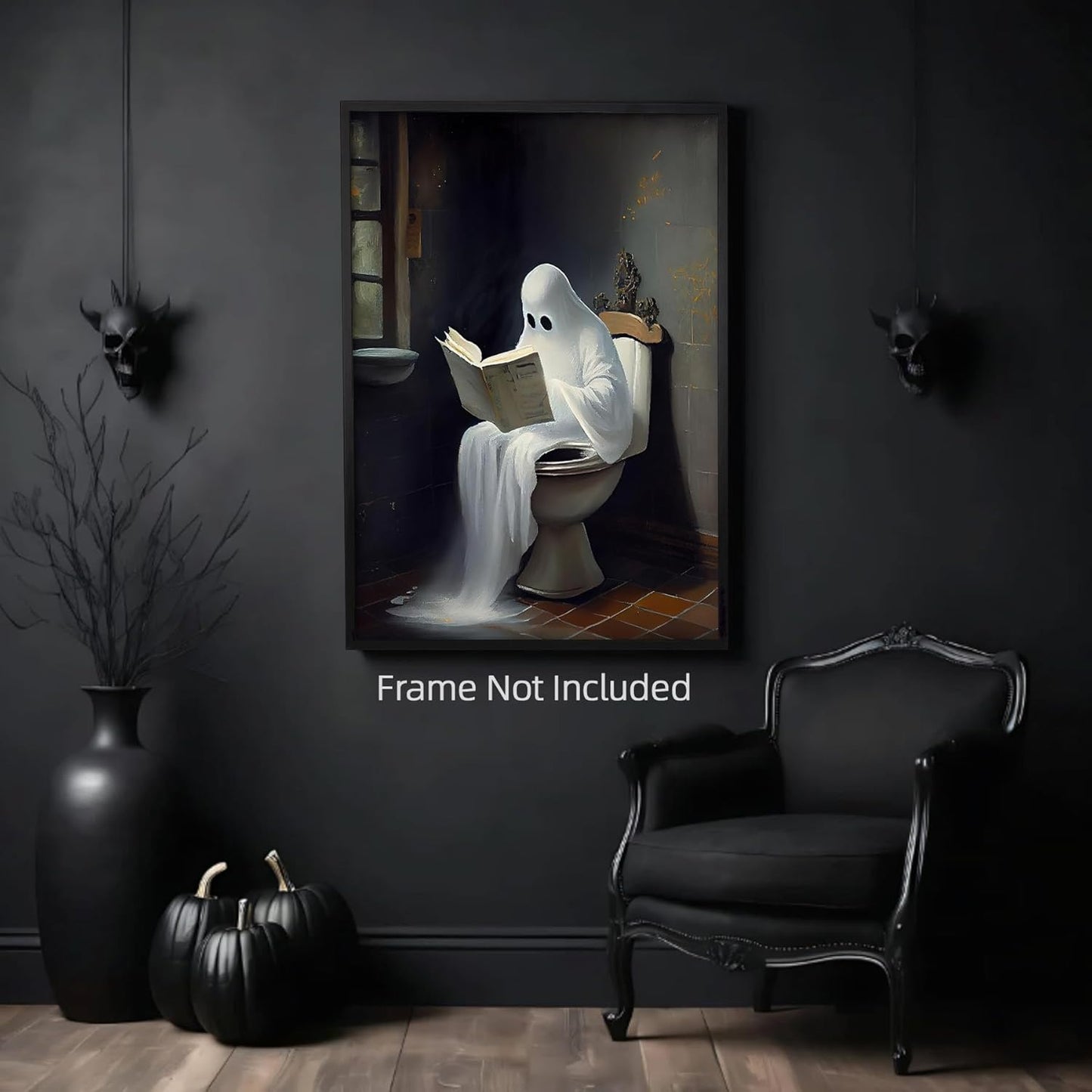 Vintage Cute Ghost on Toliet Reading Book Canvas Wall Art Gothic Victorian Aesthetic Posters Dark Academia Room Decor Fun Halloween Painting Horror Ghost Print in Bathroom 12x16in Unframed