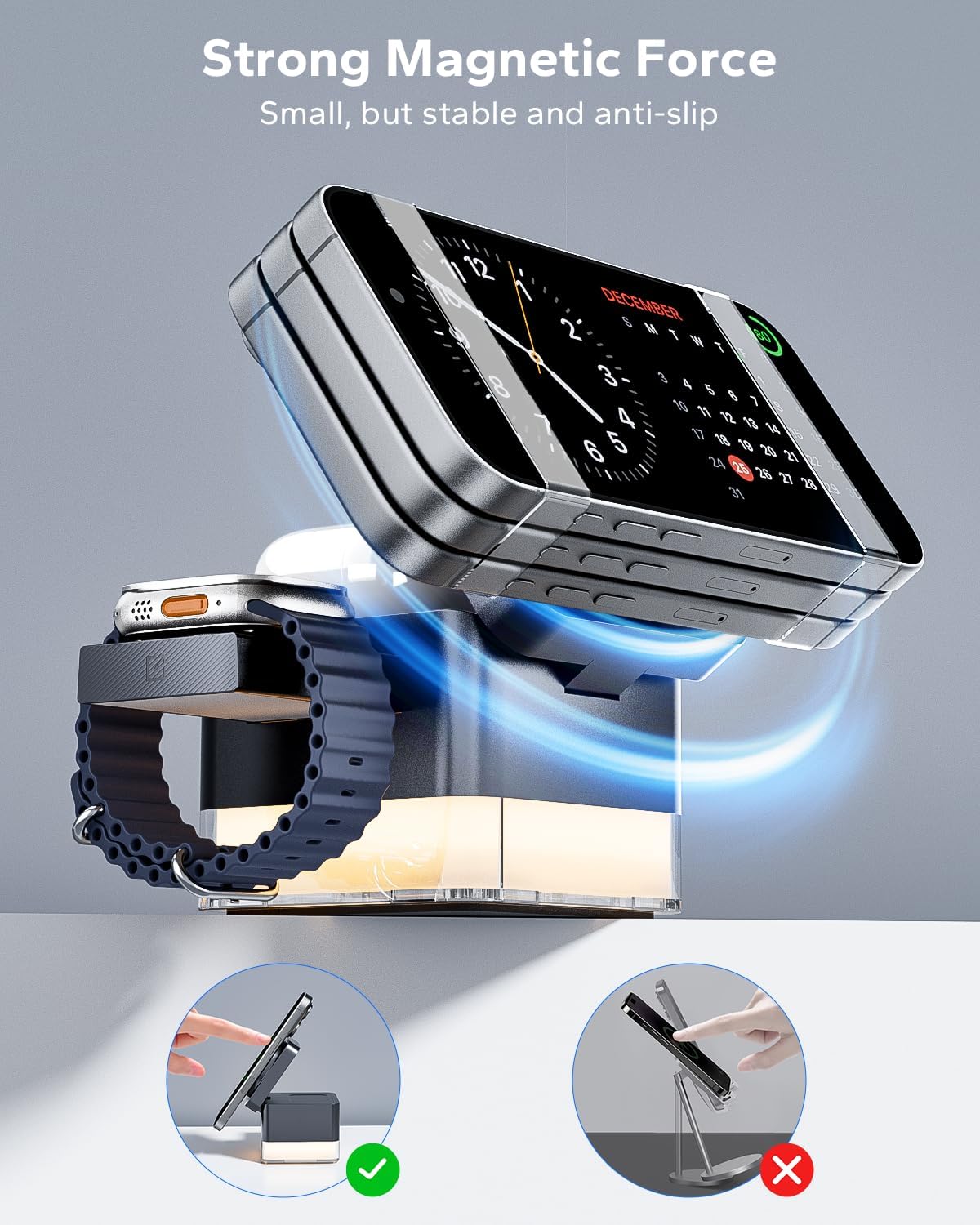 KPON for iPhone Nightstand Charging Station,15W 3 in 1 Wireless Phone Charger Stand with Night Lamp, Travel Foldable Magnetic Cube Magsafe Dock for iPhone 17 16 15 14 13 12 Series/Apple Watch/Airpods