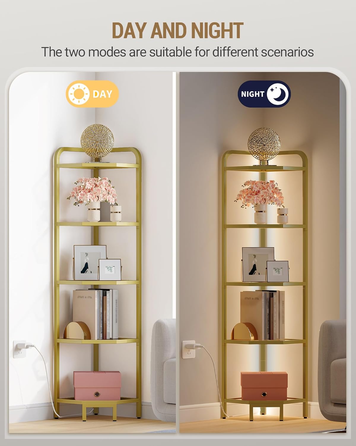 Corner Shelf with LED Lighting, 5-Tier Glass Bookshelf, Steel Frame, Tempered Glass, Modern Style Corner Shelf, Suitable for Living Room, Bedroom and Game Room, Gold CS09599G