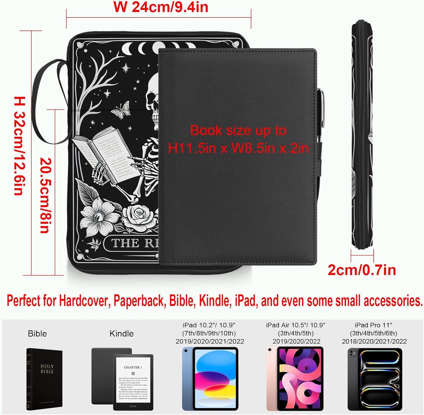 Skull Book Sleeve for Book Lovers, Paperback Book Protector Case, PU Leather Waterproof Book Pouch with Zipper, Gothic Skeleton Print Book Carrying Case for Hardcover, Book Cover for Men Boys