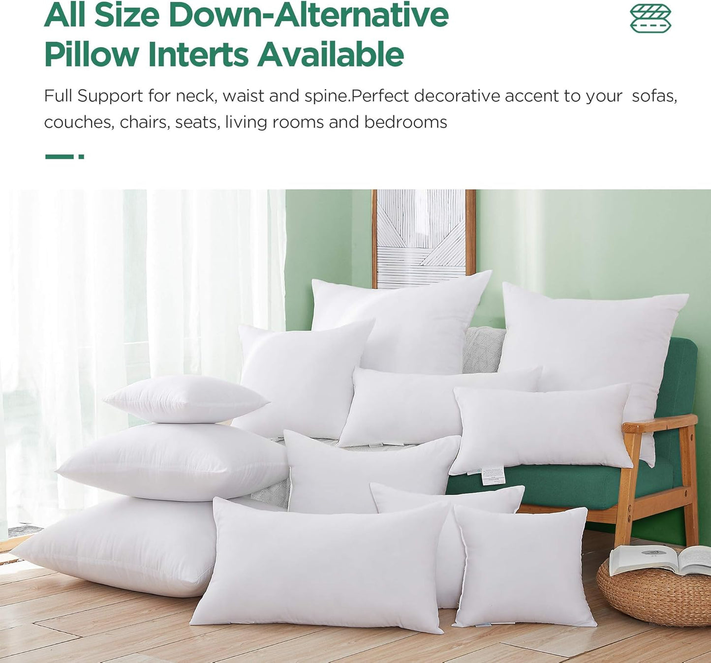 Acanva Premium Throw Pillow Inserts with Microfiber Filled, Lumbar Support Decorative Stuffer for Sofa Bed Couch & Chairs, 18x18, 2 Count, White