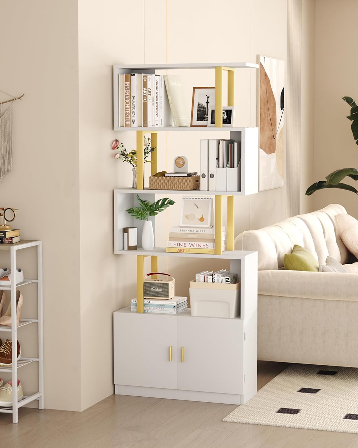 Yusong Geometric Bookcase with Cabinet, S Shaped Bookshelf 5-Tier Book Shelves for Bedroom, Modern Wood Decorative Display Shelf Tall Book Case for Home Office, Gold and White