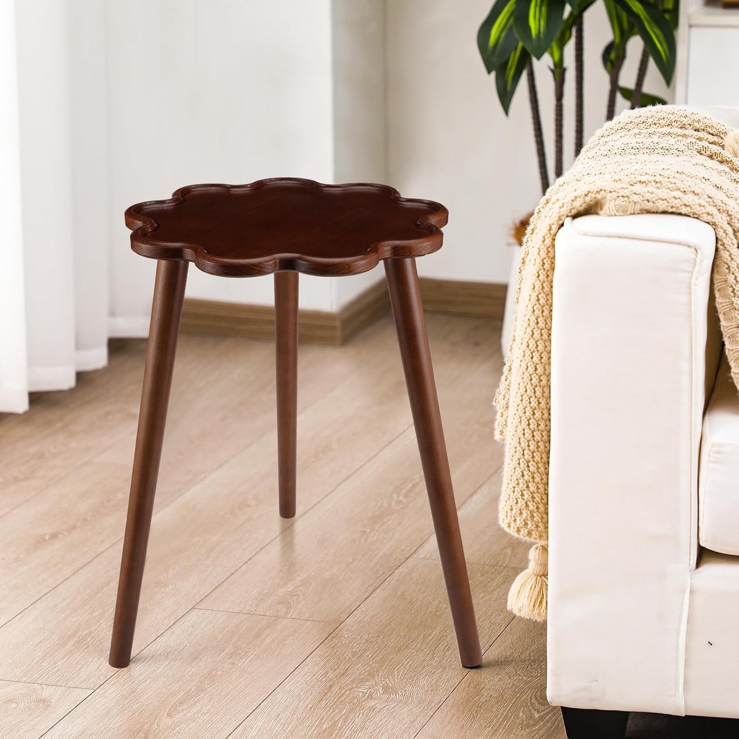 Chunful Modern Wooden Round Small Side Table 15" x 15" x 22" Brown Mid Century Solid Wood Martini End Table with Wavy Edge for Bedroom Nightstand or Living Room Accent Decor