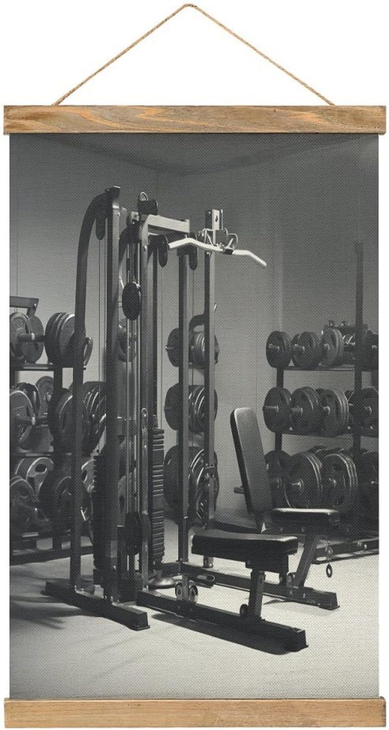 Vintage Gym Equipment Poster with Wooden Frame Personalized Linen Hanging Scroll Painting Rustic Wall Hanging Illustrative Modern Artwork Decor for Home Living Room Bedroom Office