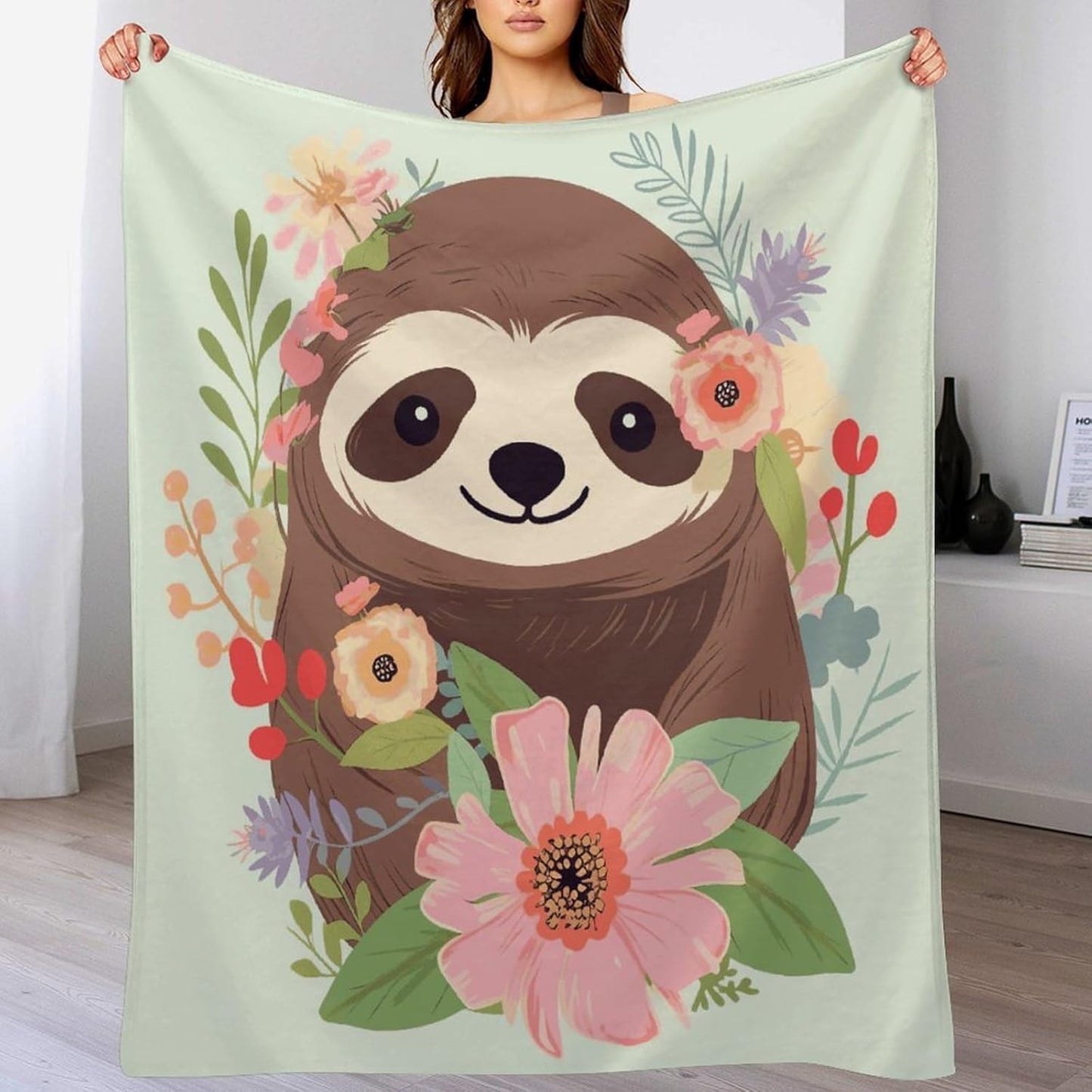 Sloth and Flowers Blanket Super Soft Lightweight Throw Blanket Cute Cozy Warm Bed Blanket Decorative Fuzzy Blanket All-Season Home Decor Gift for Sofa Couch Living Room 60"*80"（150 * 200cm）