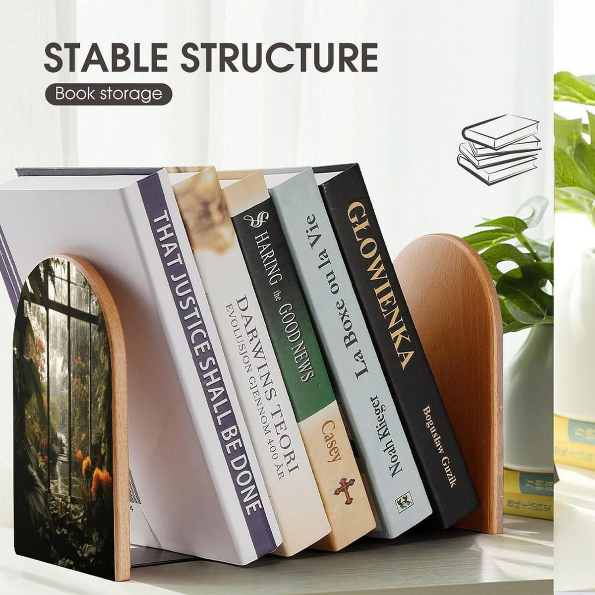Scenery in The Window Wooden Bookend Non-Slip Book Ends Heavy Duty Book Stopper with Metal Base Books Holderd Decorative Bookends Stands Firmly for Office Supplies