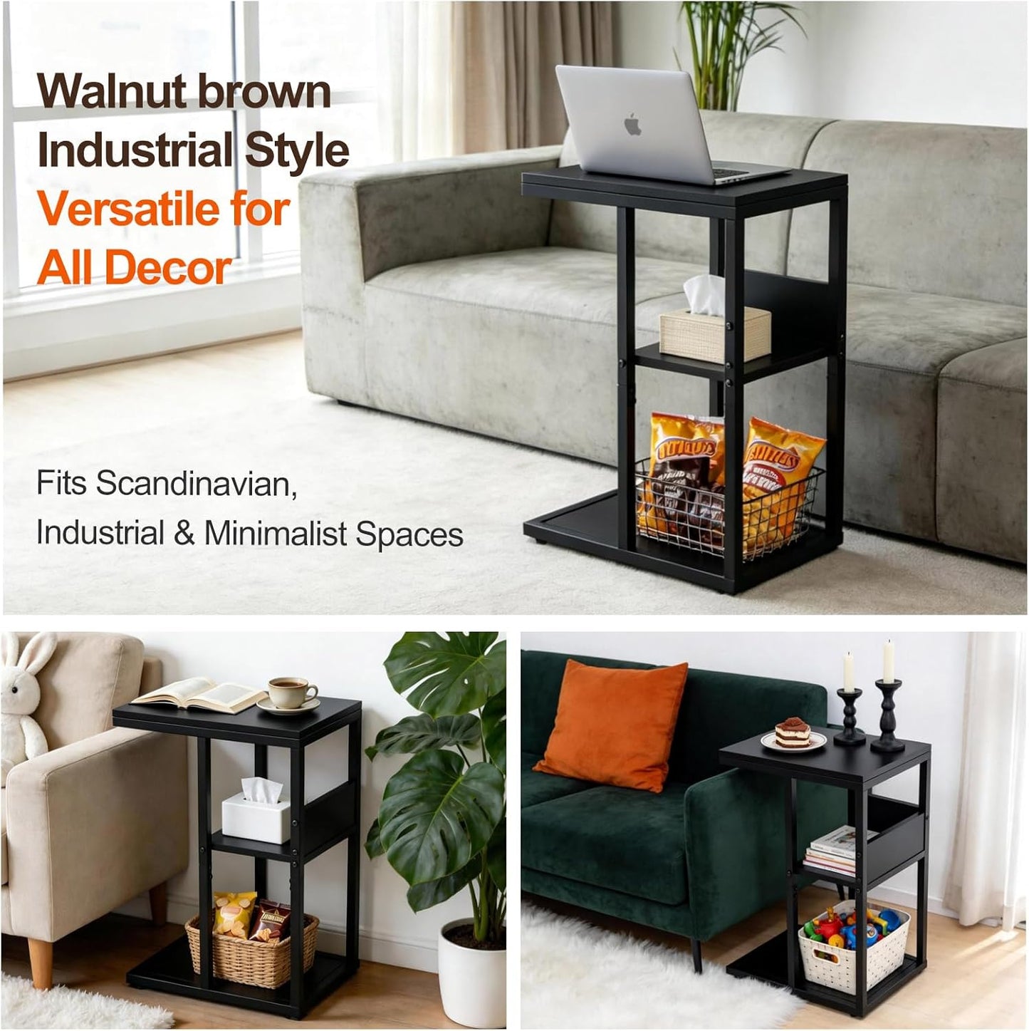 King Oasis 3-Tier Black Metal Side Table - Industrial End Table & Nightstand with Adjustable Feet, 80LB Sturdy Small Bedside Table Storage Shelf for Living Room, Bedroom, and Small Spaces