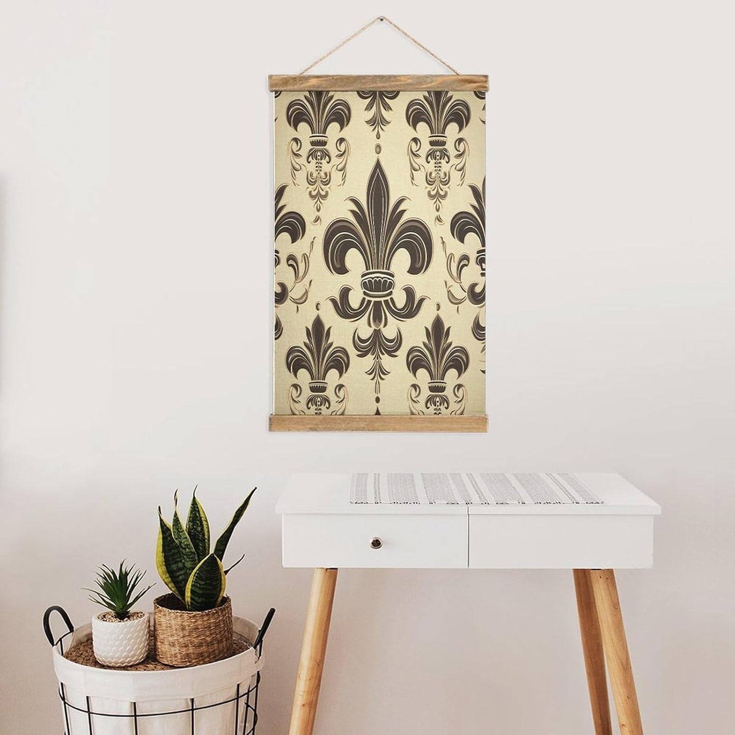 Vintage Fleur-de-Lis And Coat Arms Knight Poster with Wooden Frame Personalized Linen Hanging Scroll Painting Rustic Wall Hanging Illustrative Modern Artwork Decor for Home Living Room Bedroom Office
