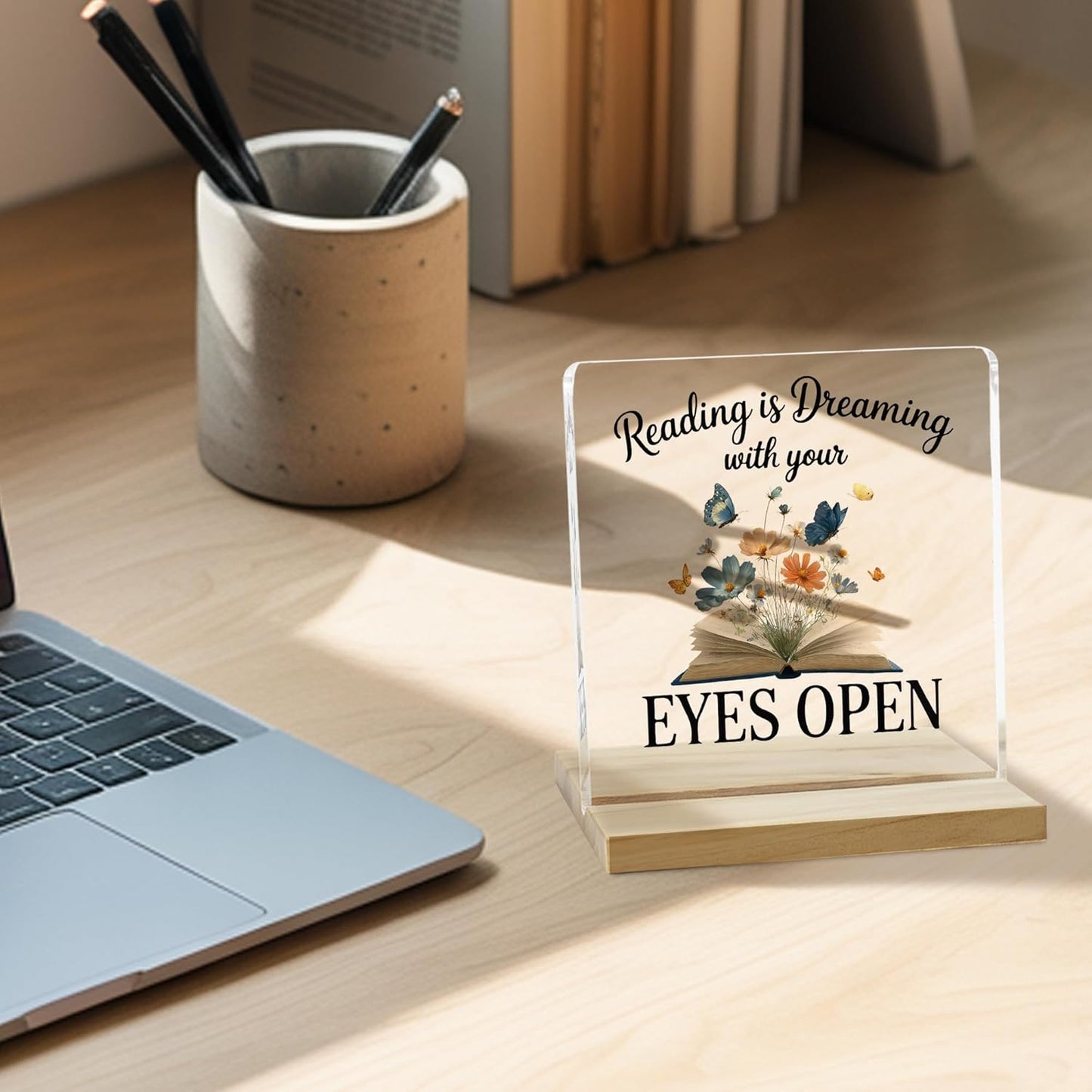 Book Lover Gifts Desk Decor Sign, Reading Is Dreaming With Your Eyes Open Acrylic Plaque