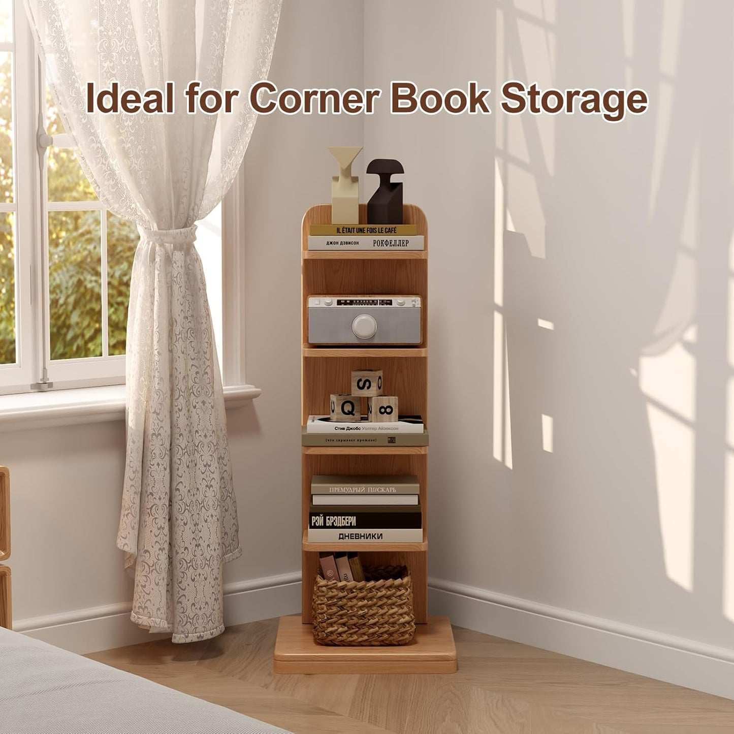 WoodsWhisper Soild Wood Narrow Book Shelf, 5 Shelf Small Space Bookshelf, Corner Ladder Bookshelf, Standing Bookcase for Living Room, Office, Study, Entryway