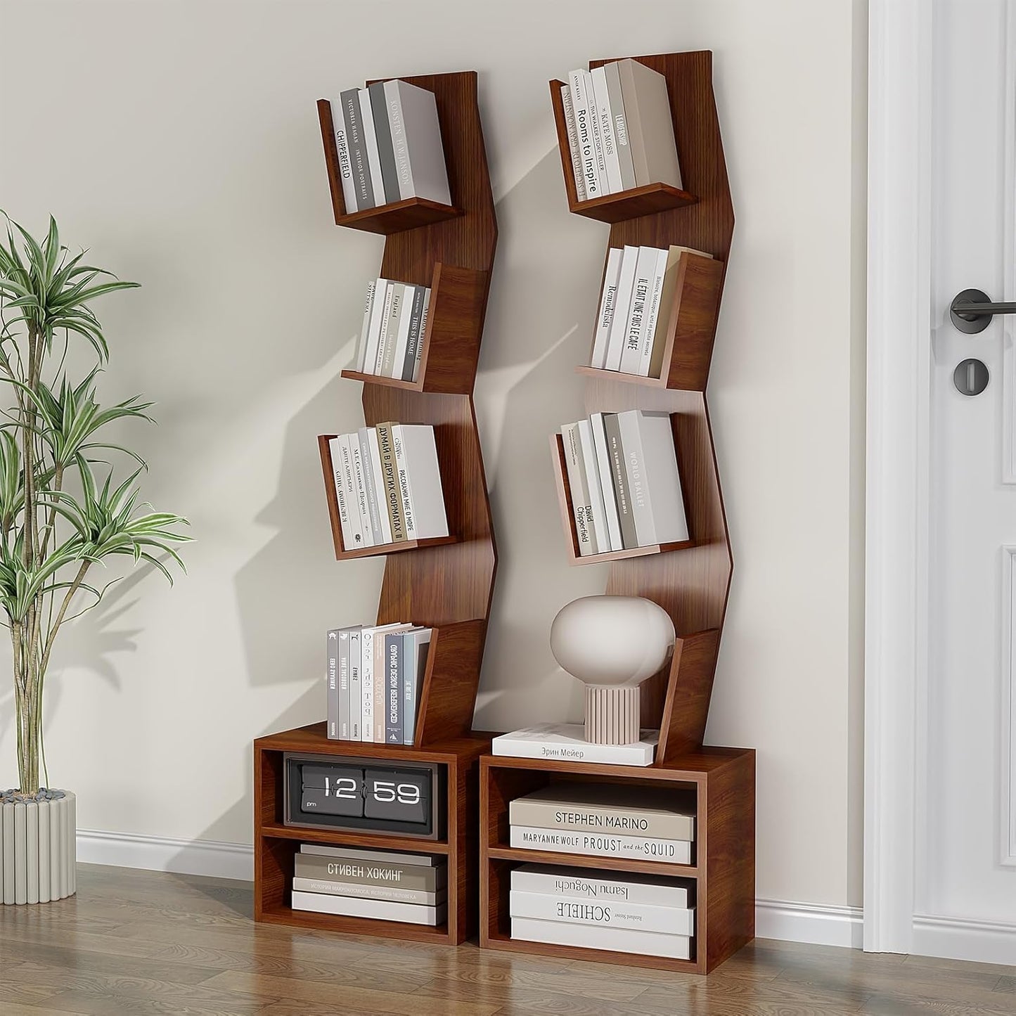 6 Tier Tree Bookshelf,Small Book Shelf with LED Lights,Corner Bookcase,Book Organizer Shelves,Floor Standing Book Shelves for Living Room,Home Office,Living Room,Vintage Rustic Brown