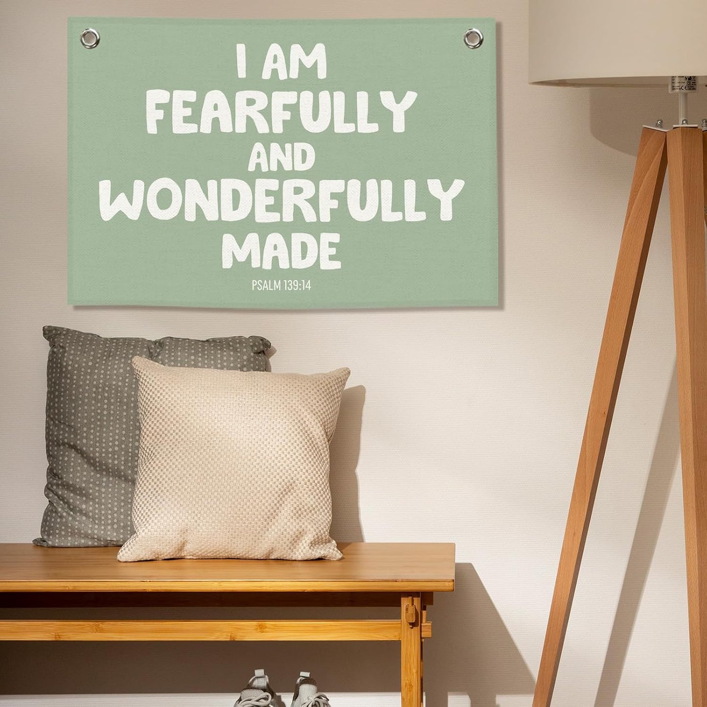 Christian Inspirational Kids Banner Canvas, Bible Verse I'm Fearfully Made Toddler Room Decor, Sage Green Hanging Flag Sign, Nursery Wall Tapestry Art for Playroom Bedroom Classroom 20x30in