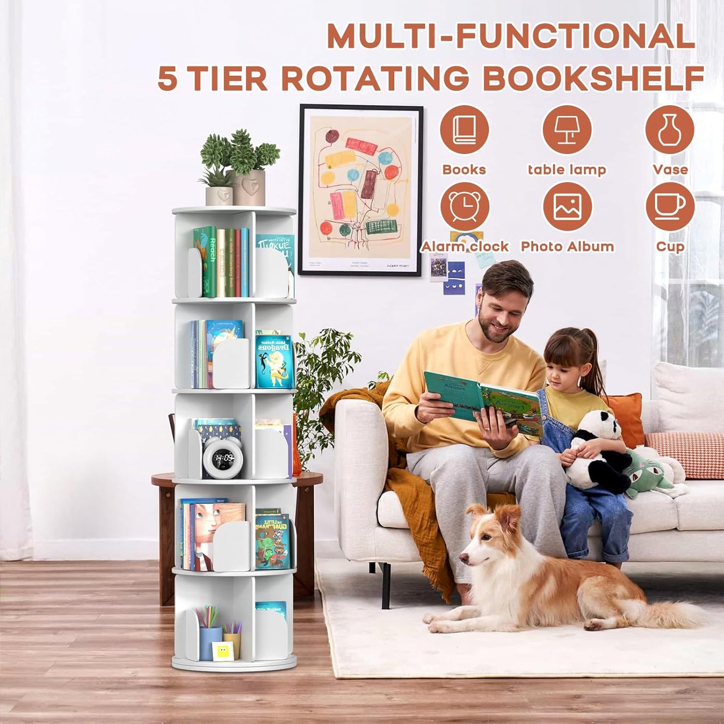 Kryonix Rotating Bookshelf, Spinning Bookshelf Tower 5 Tier, 360° Revolving Bookcase Lazy Susan, Multi-Functiona Corner Round Turning Book Shelf Organizer for Small Spaces(White)