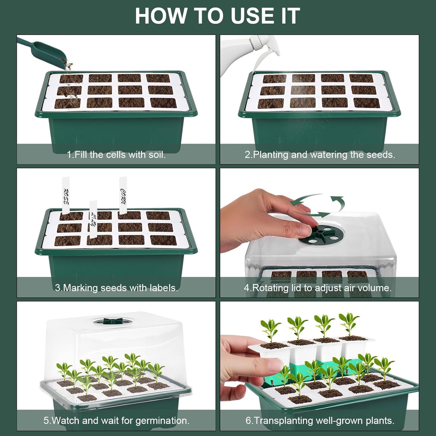 Sondiko Silicone Seed Starter Tray, 48-Cell Reusable Seed Starter Kit, Seedling Starter Trays with Humidity Dome, Mini Greenhouse Germination Kit, Perfect for Gardeners
