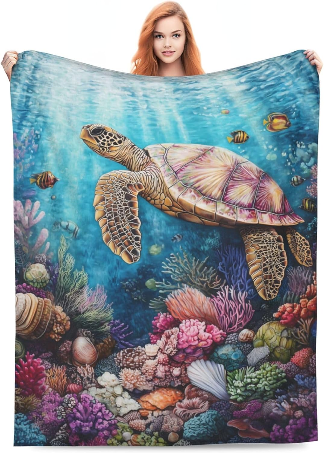 Sea Turtle Blanket for Women Kids Adults, Flannel Coral Ocean Animal Sea Turtle Throw Blankets Decor for Bed Living Room Sofa Couch Traveling, Soft Warm Lightweight Plush Turtle Gifts Stuff 50x60in