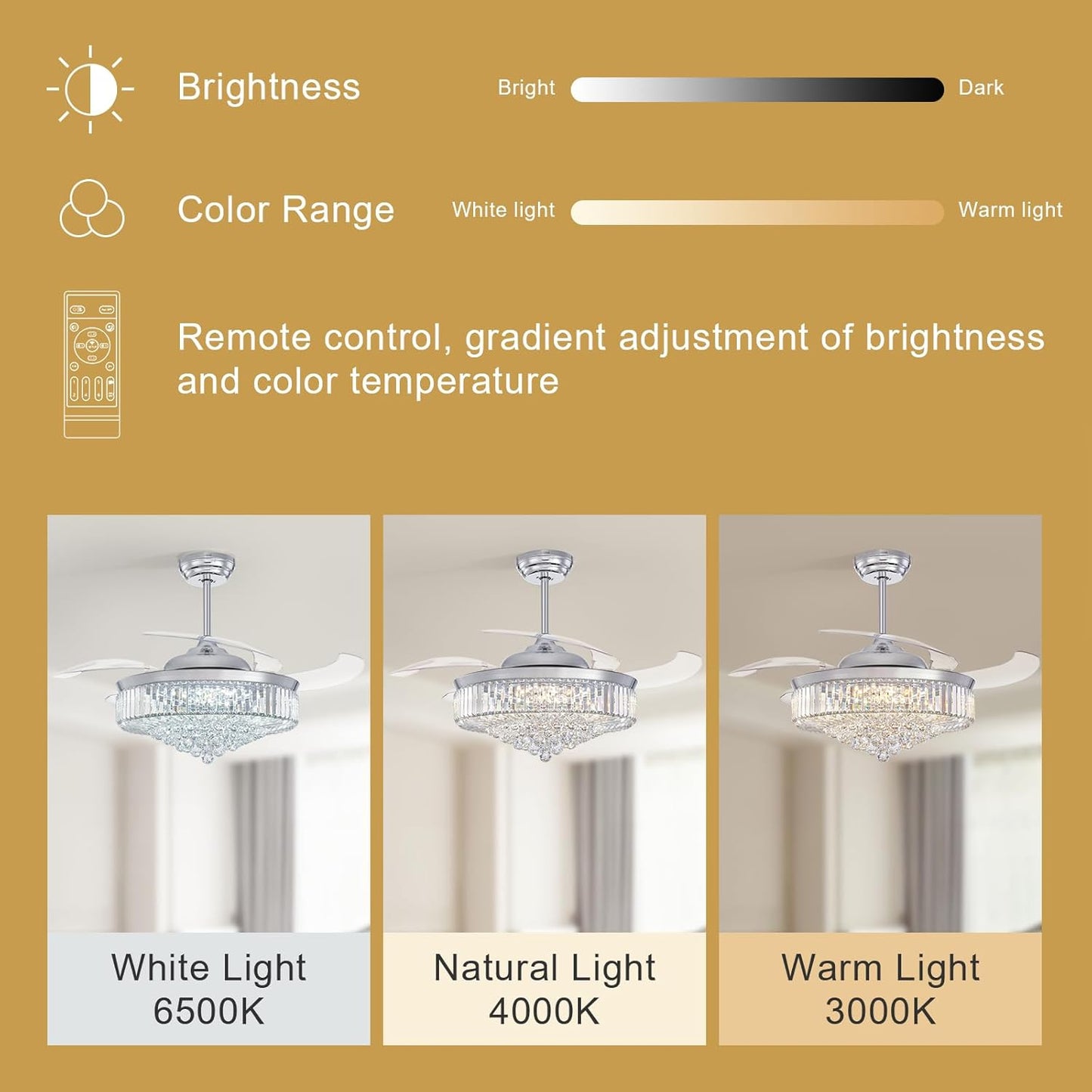 52 Inch Fandelier Ceiling Fan with Lights and Remote, Dimmable Crystal Chandelier Fan, LED Crystal Fan Light Kit for Dining Room Bedroom-Chrome