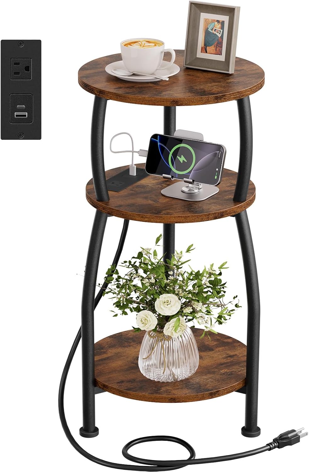 Round Side Table with Power Outlet & USB Ports, 3-Tier End Table with Storage Shelf, Modern Rustic Nightstand, Small Spaces Accent Table for Living Room Bedroom, Easy Assembly, Rustic Brown