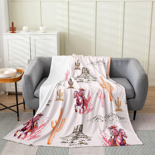Feelyou Western Cowboy Flannel Fleece Throw Blanket Desert Pattern 40"x50" Western Aesthetic Fleece Throw Blanket for Kids Women Men Vintage Cowboy for Bed Couch Chair Living Room Bedroom Decor