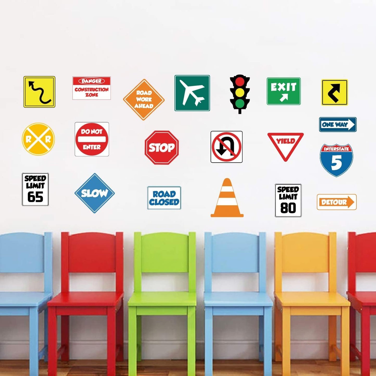IARTTOP Road Signs Wall Decal Traffic Sign Wall Stickers Stop Street Transportation Signs Vinyl Decals for Kids Bedroom Playroom Decor Road Sign Sticker for Nursery Decoration