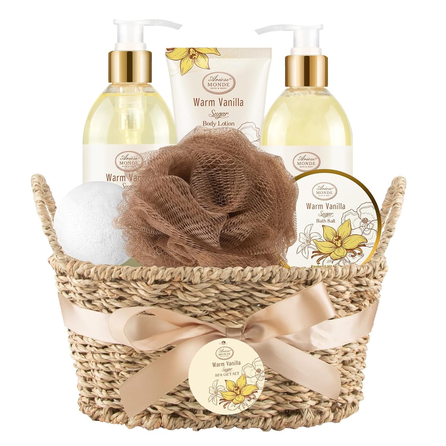 Bath and Body Warm Vanilla Sugar Spa Gifts for Women, with Shower Gel, Bubble Bath, Body Lotion, Bath Bomb, Bath Salt, Spa Basket Gift Set for Women, 7pcs Set Gifts