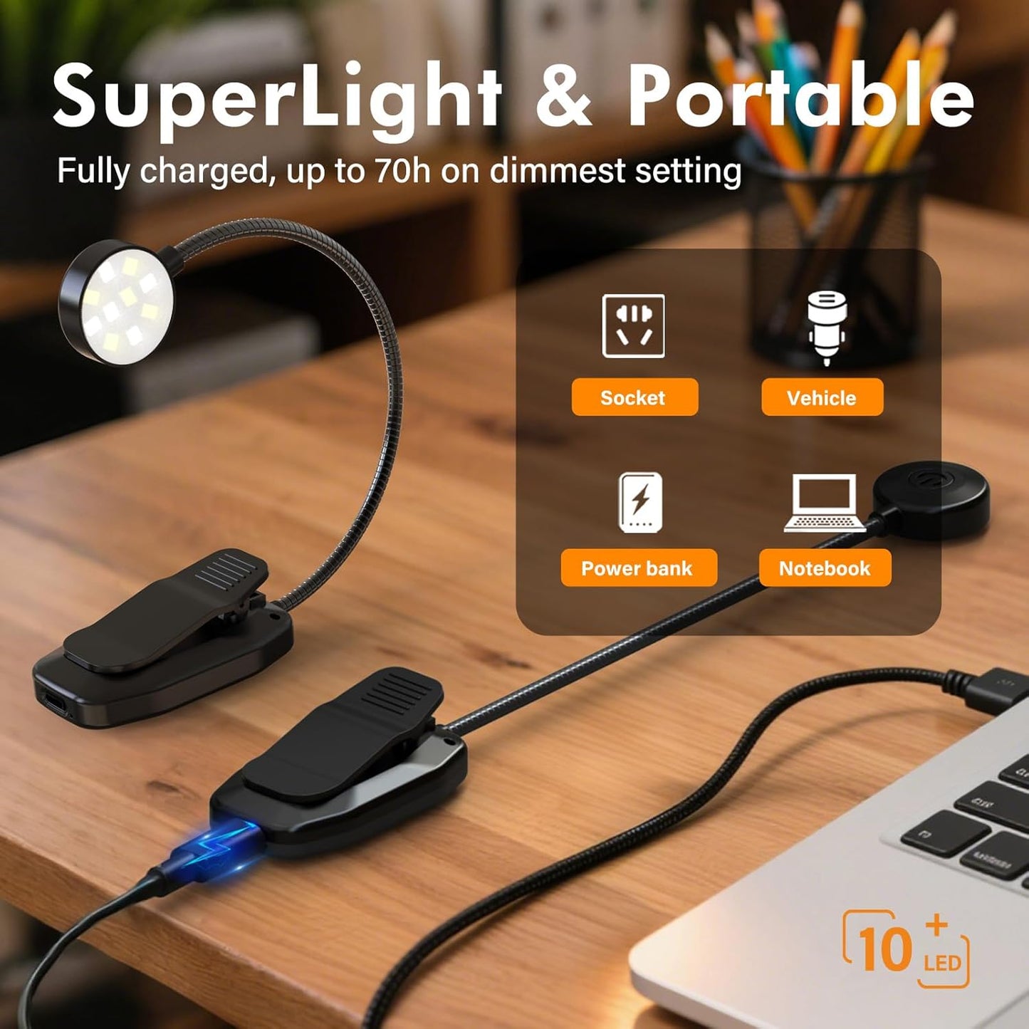 2 Pack 10 LED Rechargeable Book Light for Reading in Bed - Eye Caring 3 Color Temperatures, 3 Adjustable Brightness, Long Runtime Small Lightweight Clip On Book Reading Light for Studying